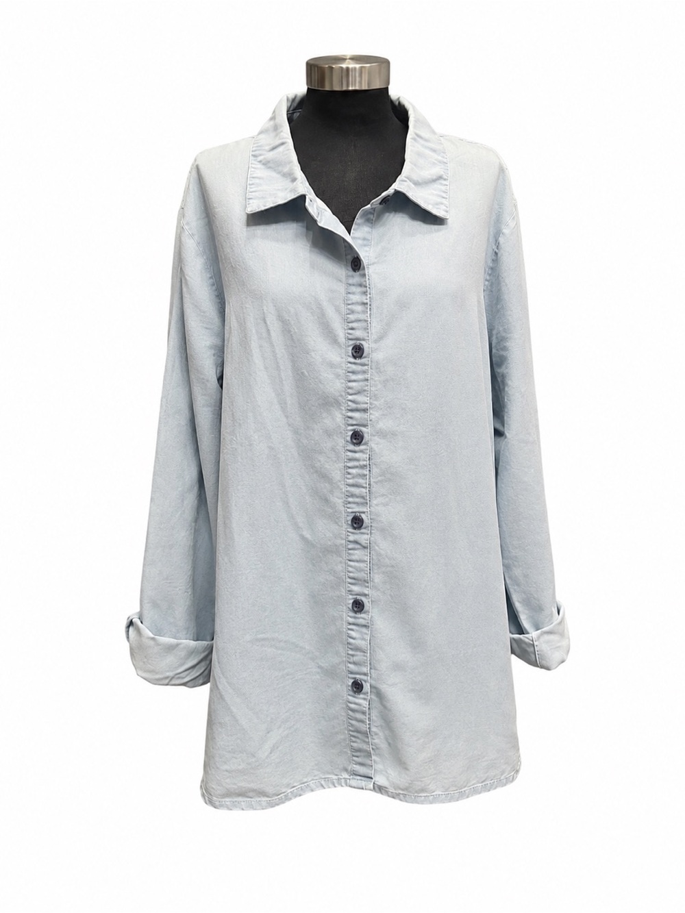 New Directions Mixed Media Chambray Sheer Back Button Up Shirt 2X Plus